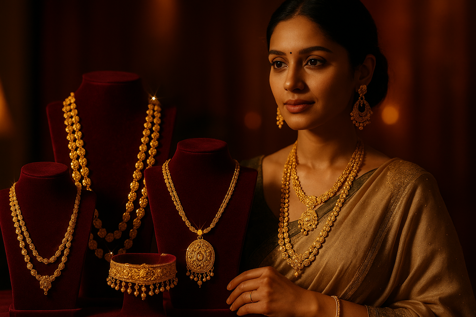 Create a high-quality cinematic video showcasing luxury 21K and 22K gold jewelry, including mala sets, lockets, and bridal collections. Show close-up shots of intricate gold designs with soft lighting, sparkle effects, and elegant background music. The jewelry should be displayed on a velvet display stand and also modeled on a graceful woman wearing traditional attire. The video should feel premium, elegant, and perfect for social media and e-commerce.